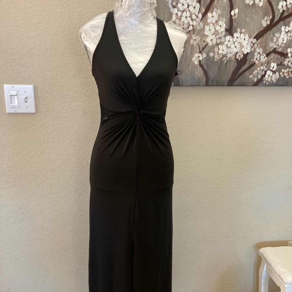 Black V-Line Lace Long Slit Dress